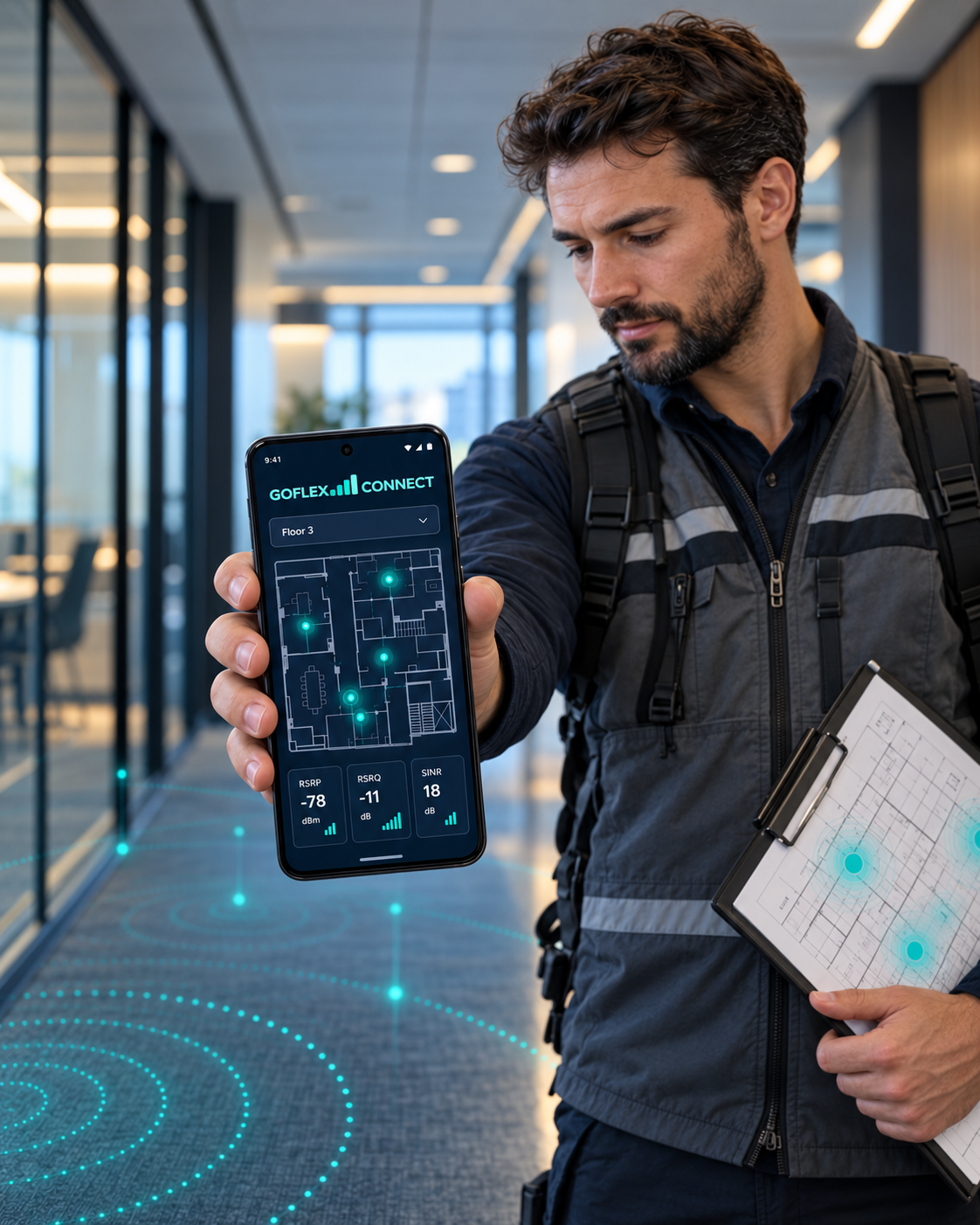 Technician with a phone displaying an illustrative GoFlexConnect building survey screen and sample readings.